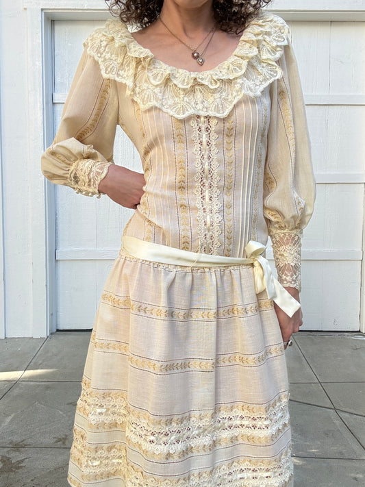 1980s Handmade Drop Waist Lace Trimmed Dress