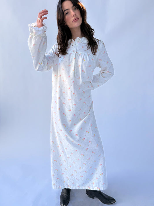 1940s Floral Cotton Long Sleeve Ruffle Trim Dress