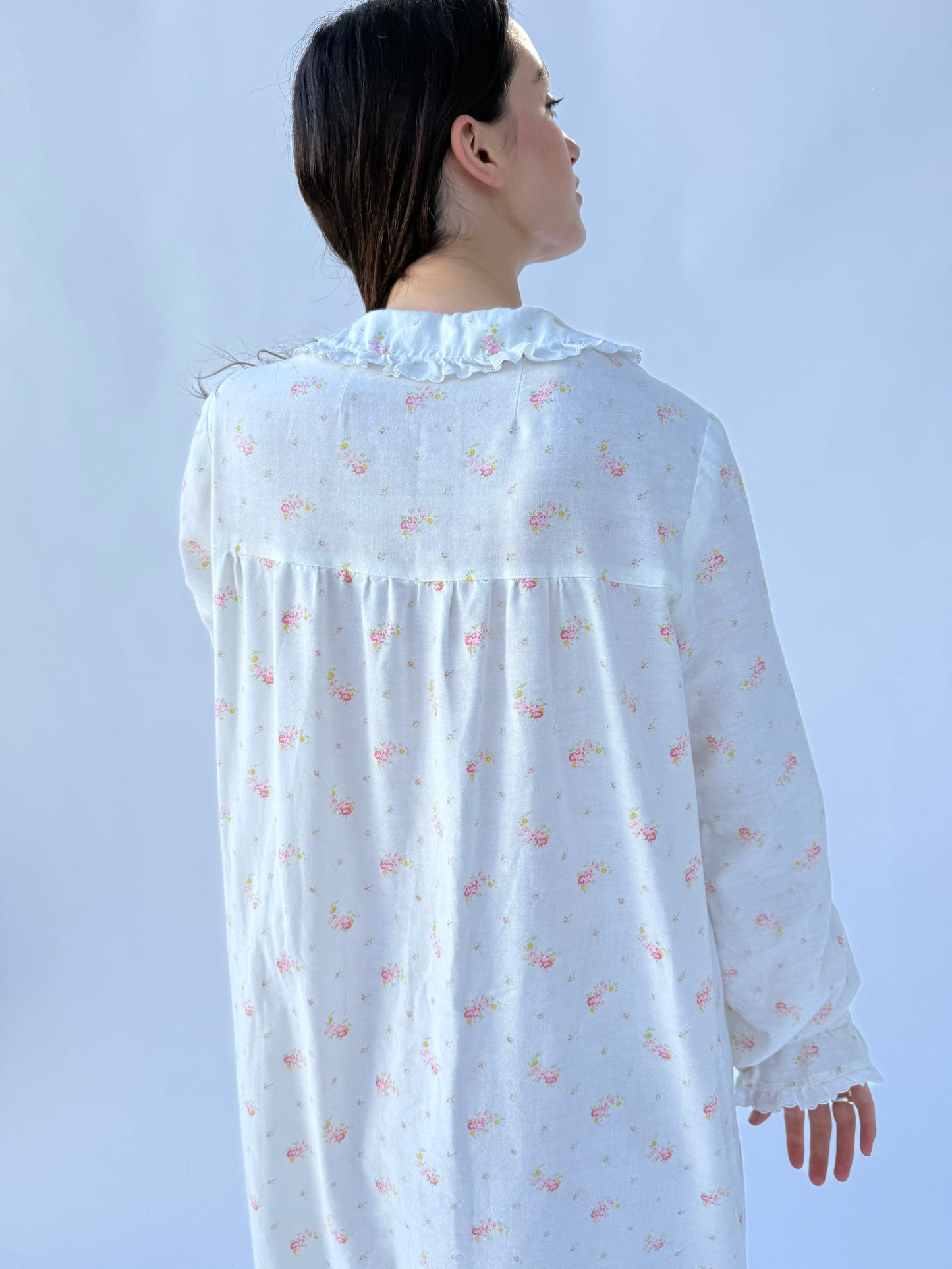 1940s Floral Cotton Long Sleeve Ruffle Trim Dress