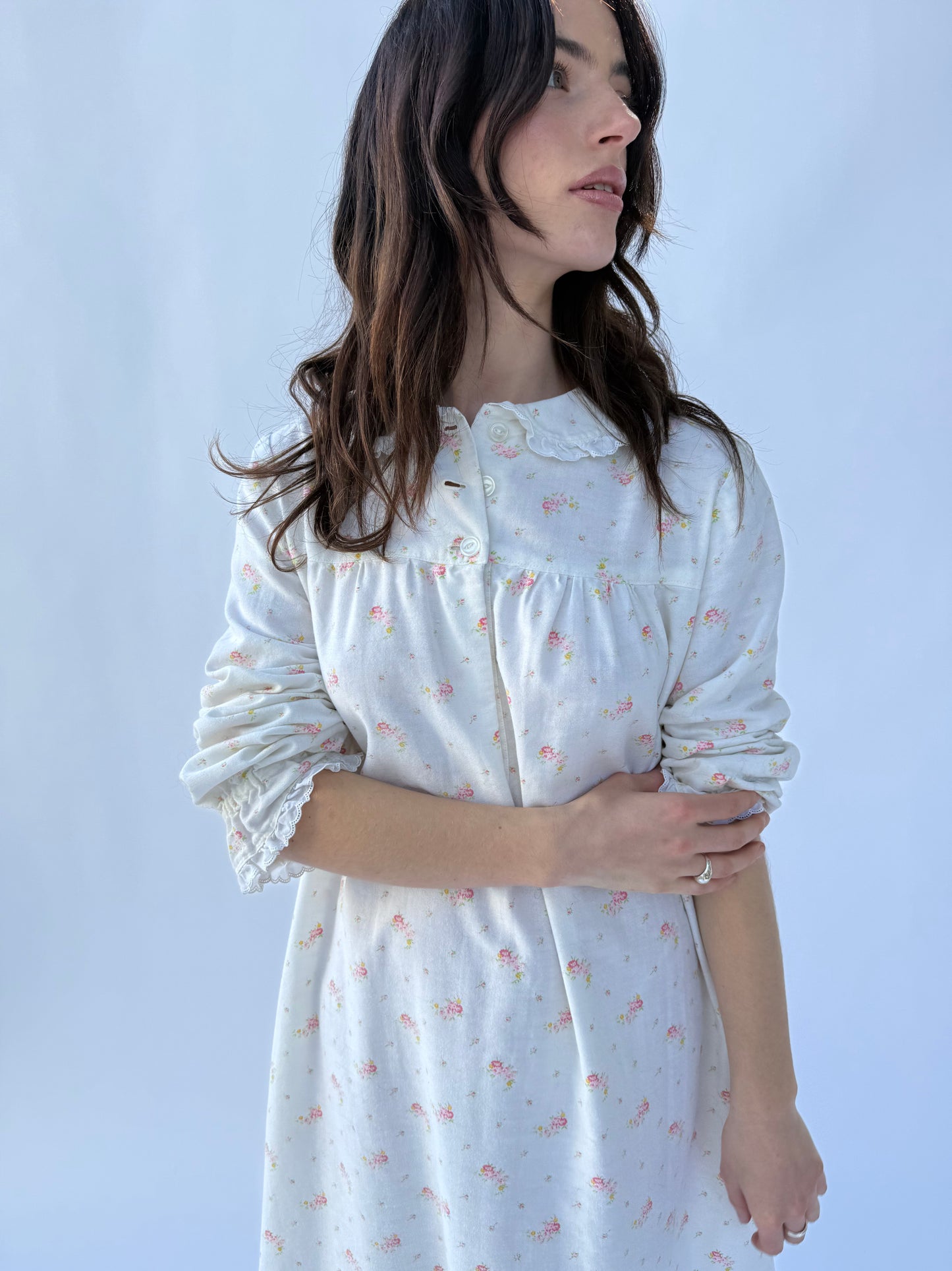 1940s Floral Cotton Long Sleeve Ruffle Trim Dress