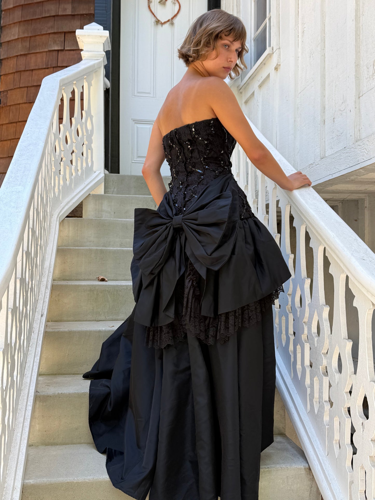 90s Lorelai Black Drop Waist Strapless Sequin Bow Gown