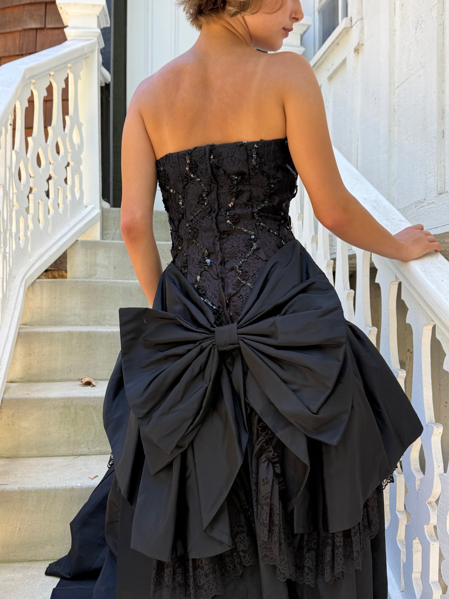 90s Lorelai Black Drop Waist Strapless Sequin Bow Gown
