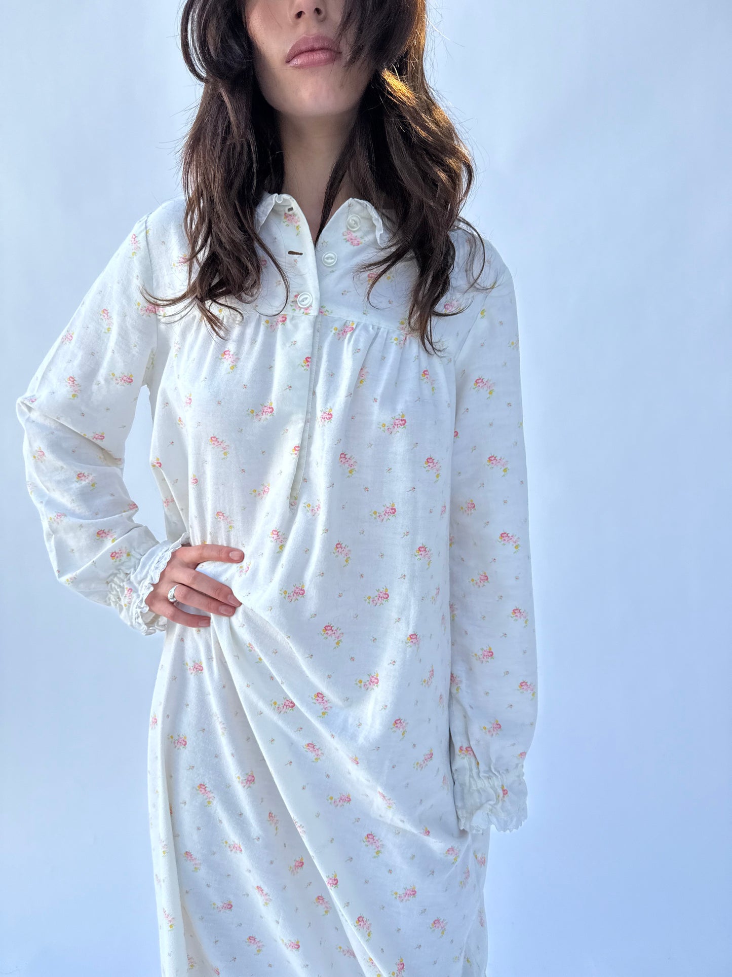 1940s Floral Cotton Long Sleeve Ruffle Trim Dress