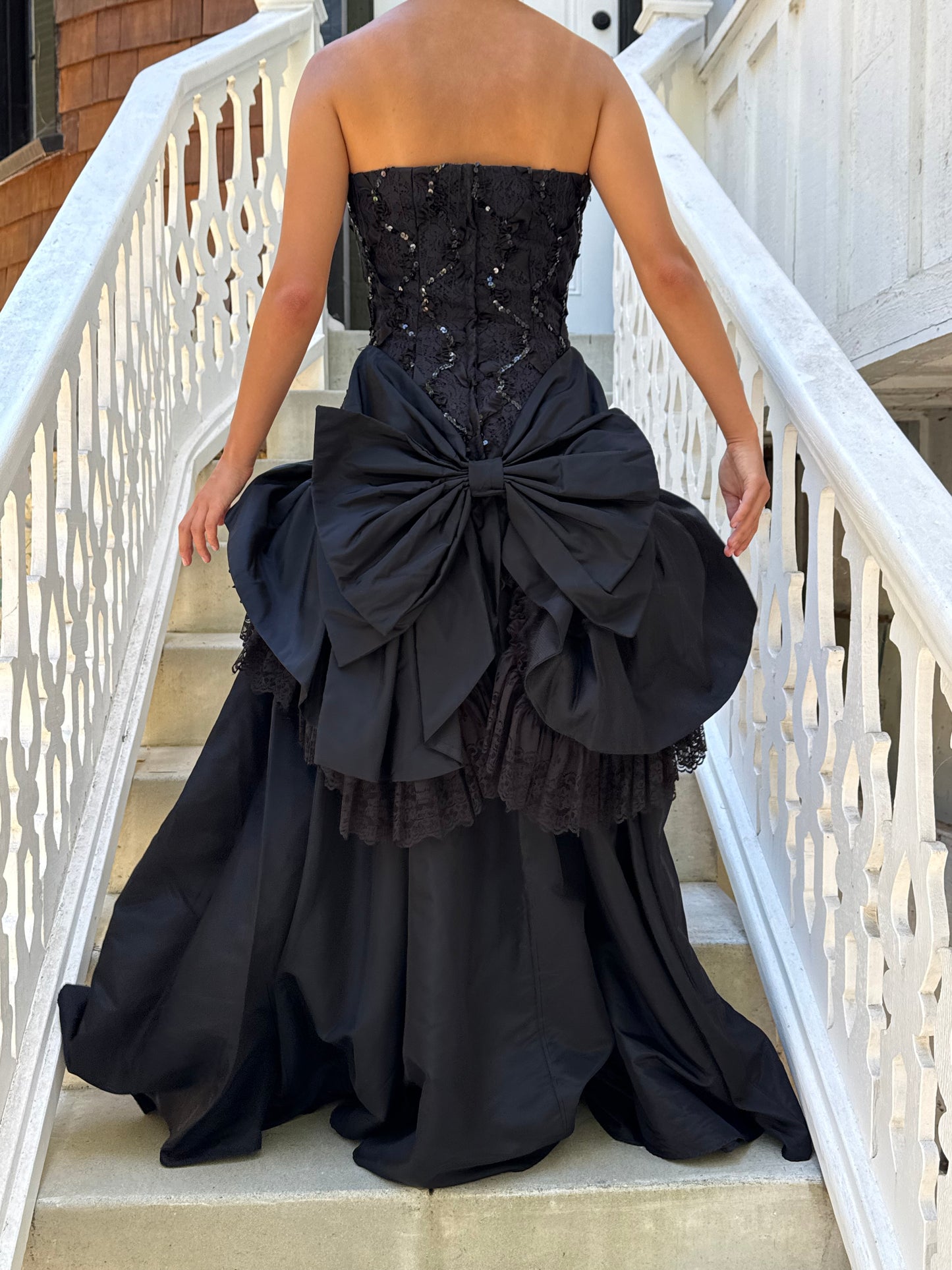 90s Lorelai Black Drop Waist Strapless Sequin Bow Gown