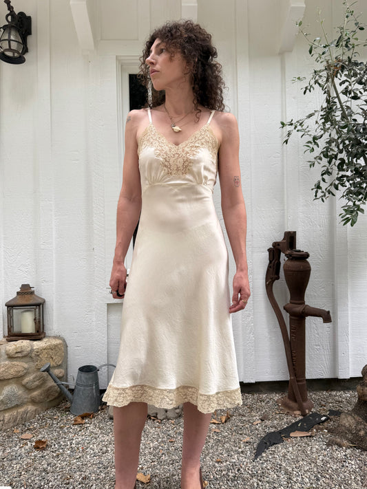 1940s Fischer Silk Ivory Lace Trimmed Slip Dress