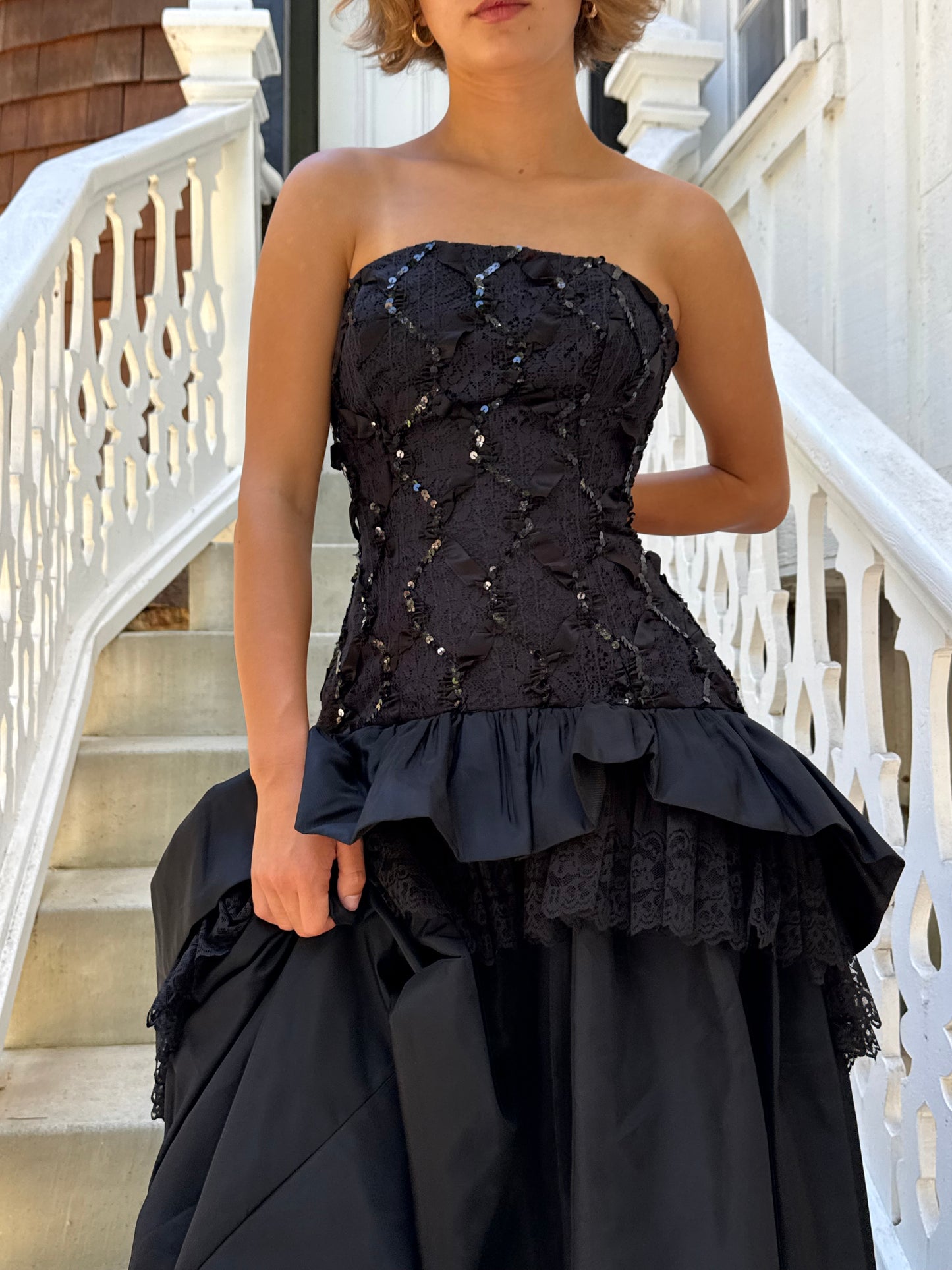 90s Lorelai Black Drop Waist Strapless Sequin Bow Gown