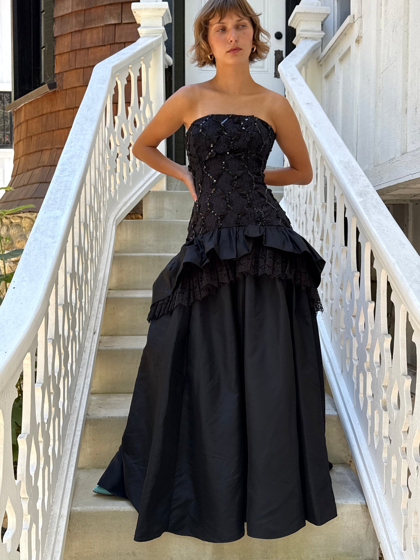 90s Lorelai Black Drop Waist Strapless Sequin Bow Gown
