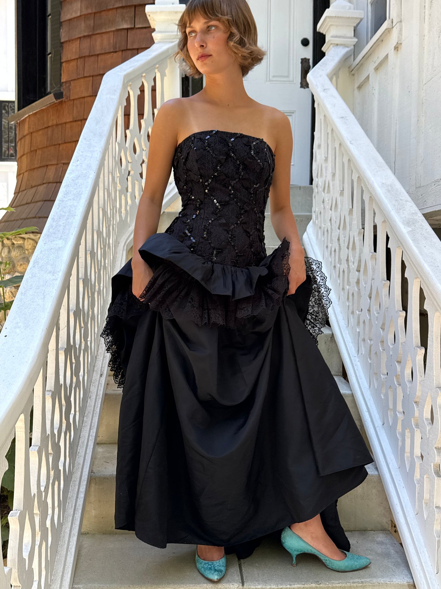 90s Lorelai Black Drop Waist Strapless Sequin Bow Gown