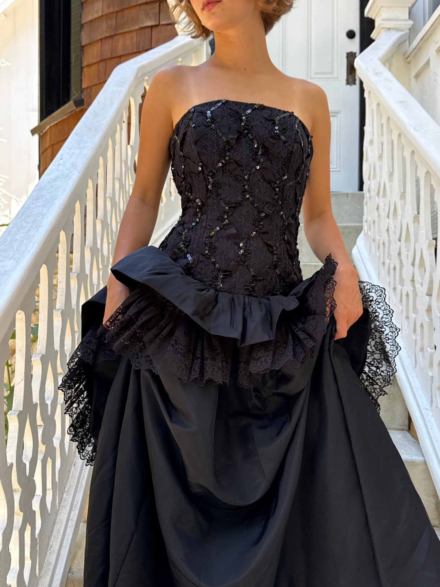 90s Lorelai Black Drop Waist Strapless Sequin Bow Gown