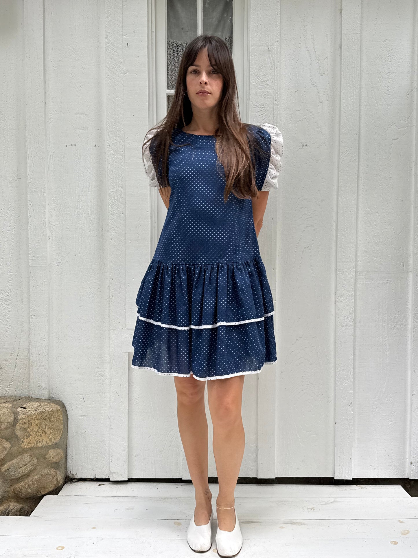 1980s Navy Polka Dot Drop Waist Mini Dress