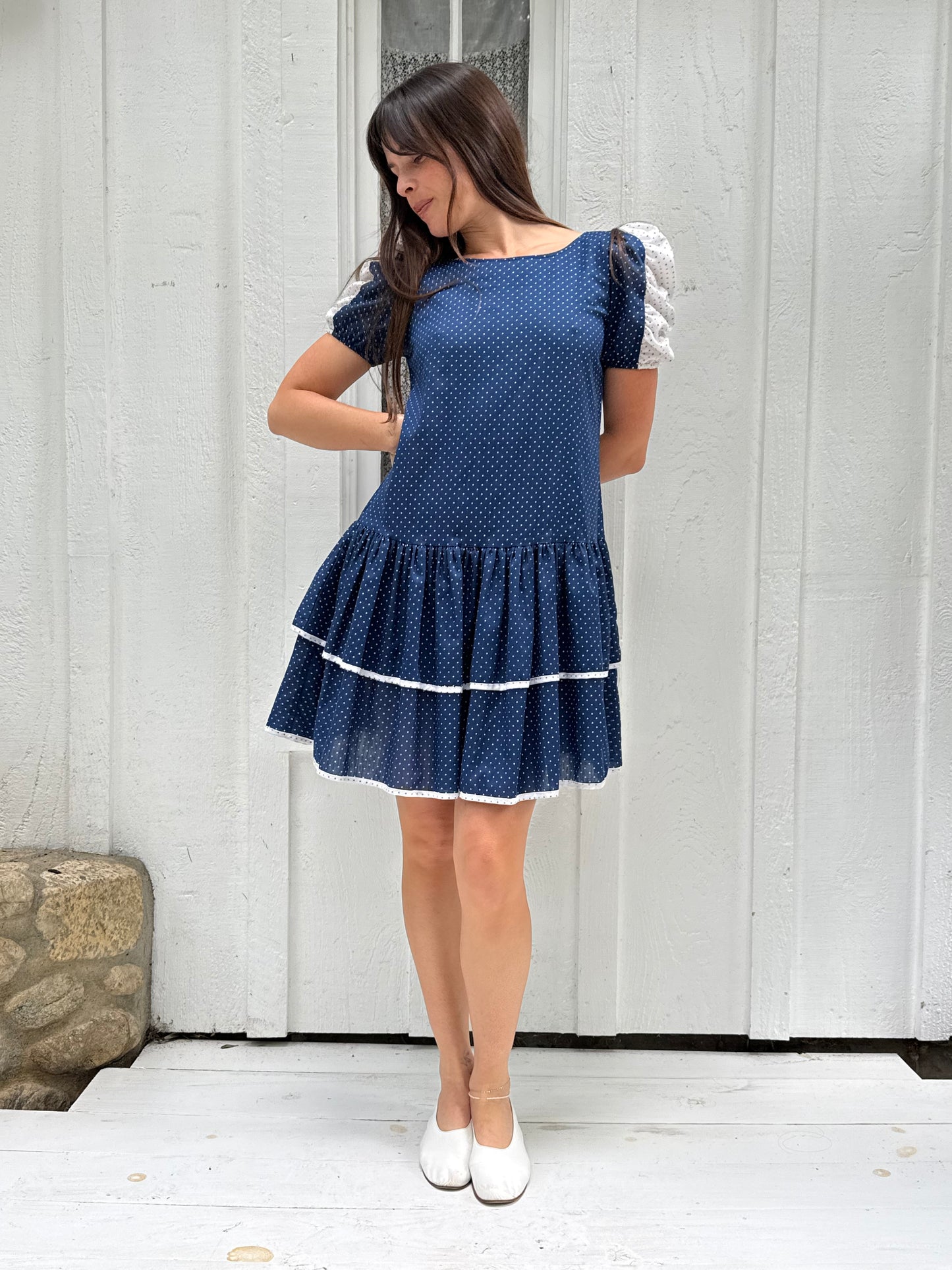 1980s Navy Polka Dot Drop Waist Mini Dress