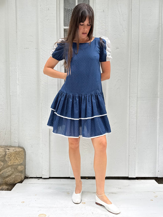 1980s Navy Polka Dot Drop Waist Mini Dress