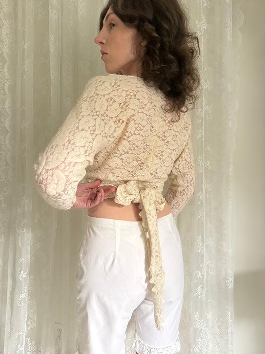 1980s Michel Leger Paris Wool Lace Wrap Blouse
