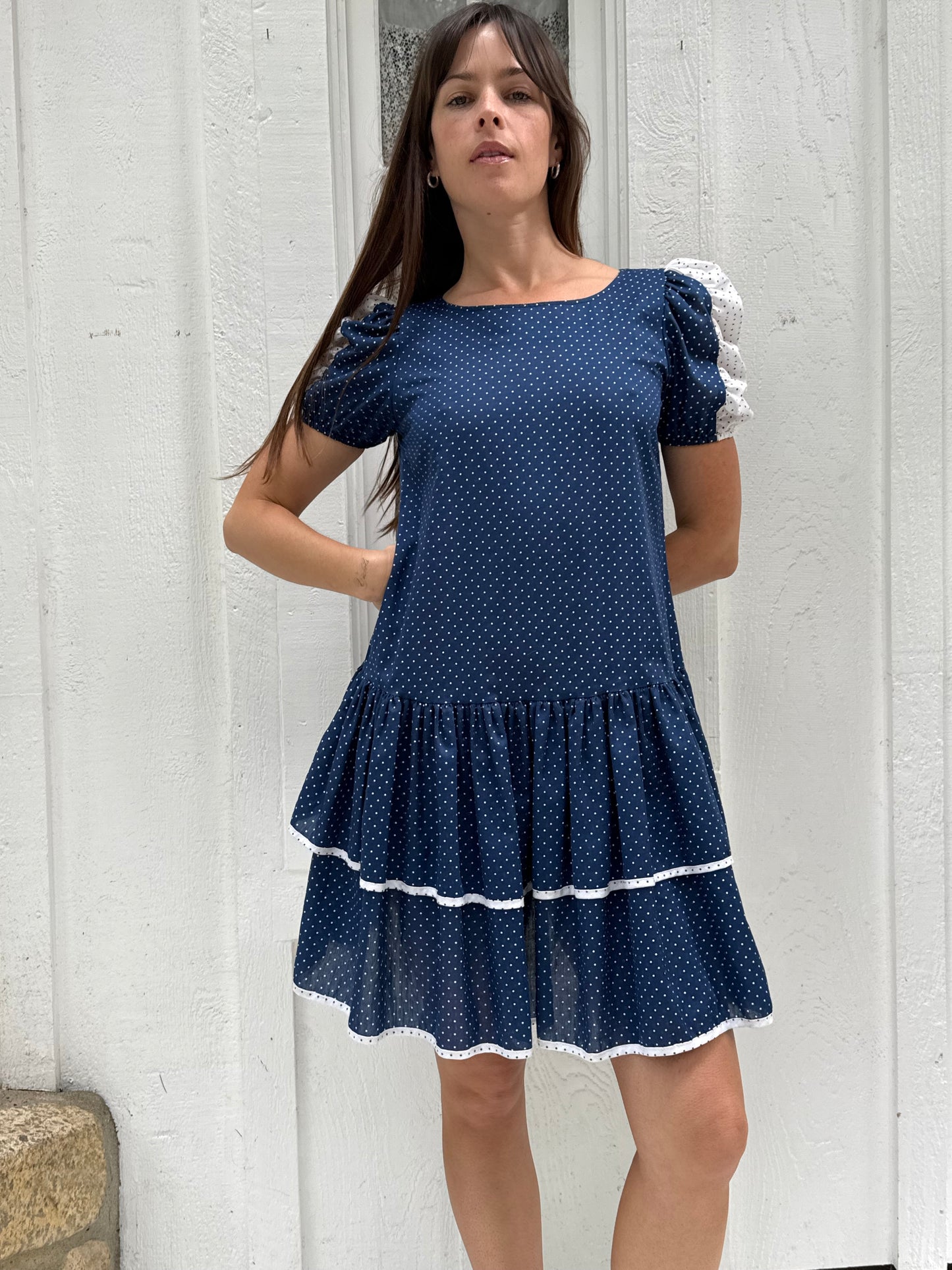 1980s Navy Polka Dot Drop Waist Mini Dress