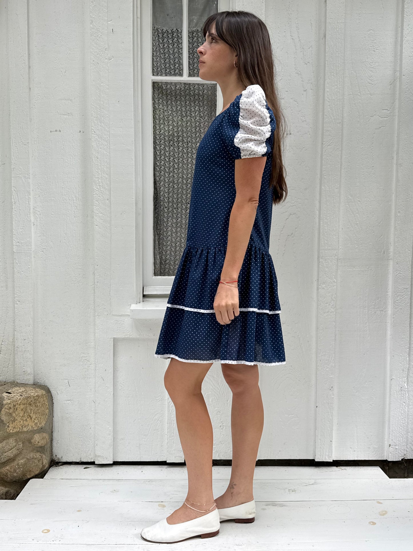 1980s Navy Polka Dot Drop Waist Mini Dress