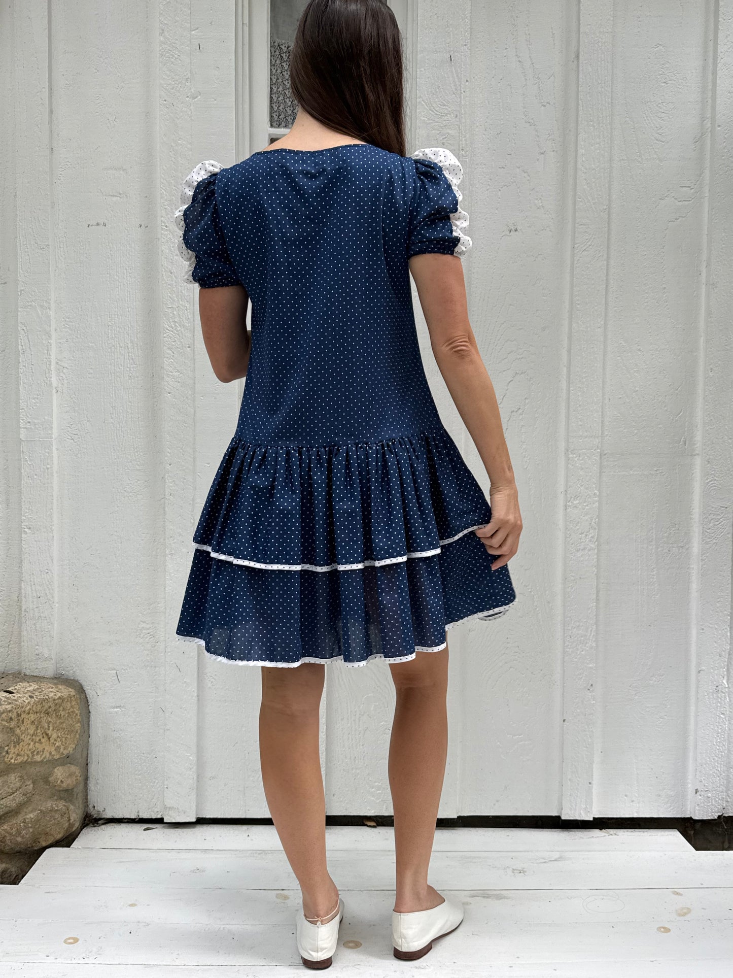 1980s Navy Polka Dot Drop Waist Mini Dress