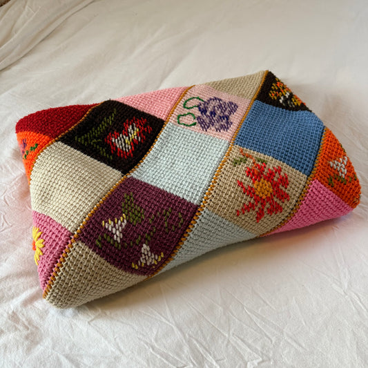 1970s Handmade Crochet Patchwork Rainbow Floral Diamond Needlepoint Afghan Throw Blanket