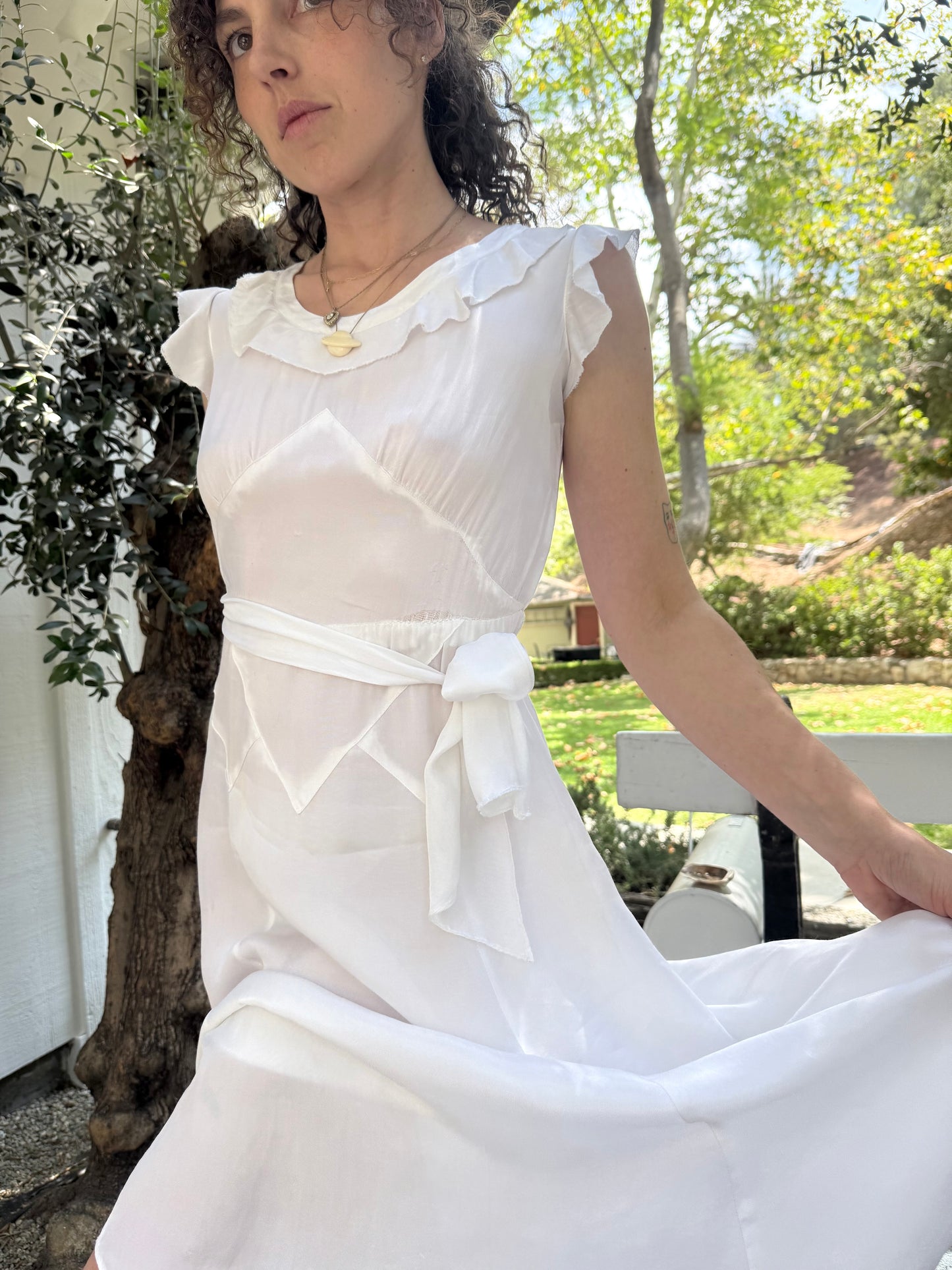 50s White Ruffled Day Dress
