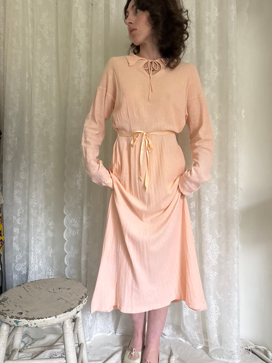 1930s Pink Cotton Rib Knit Collared Dress