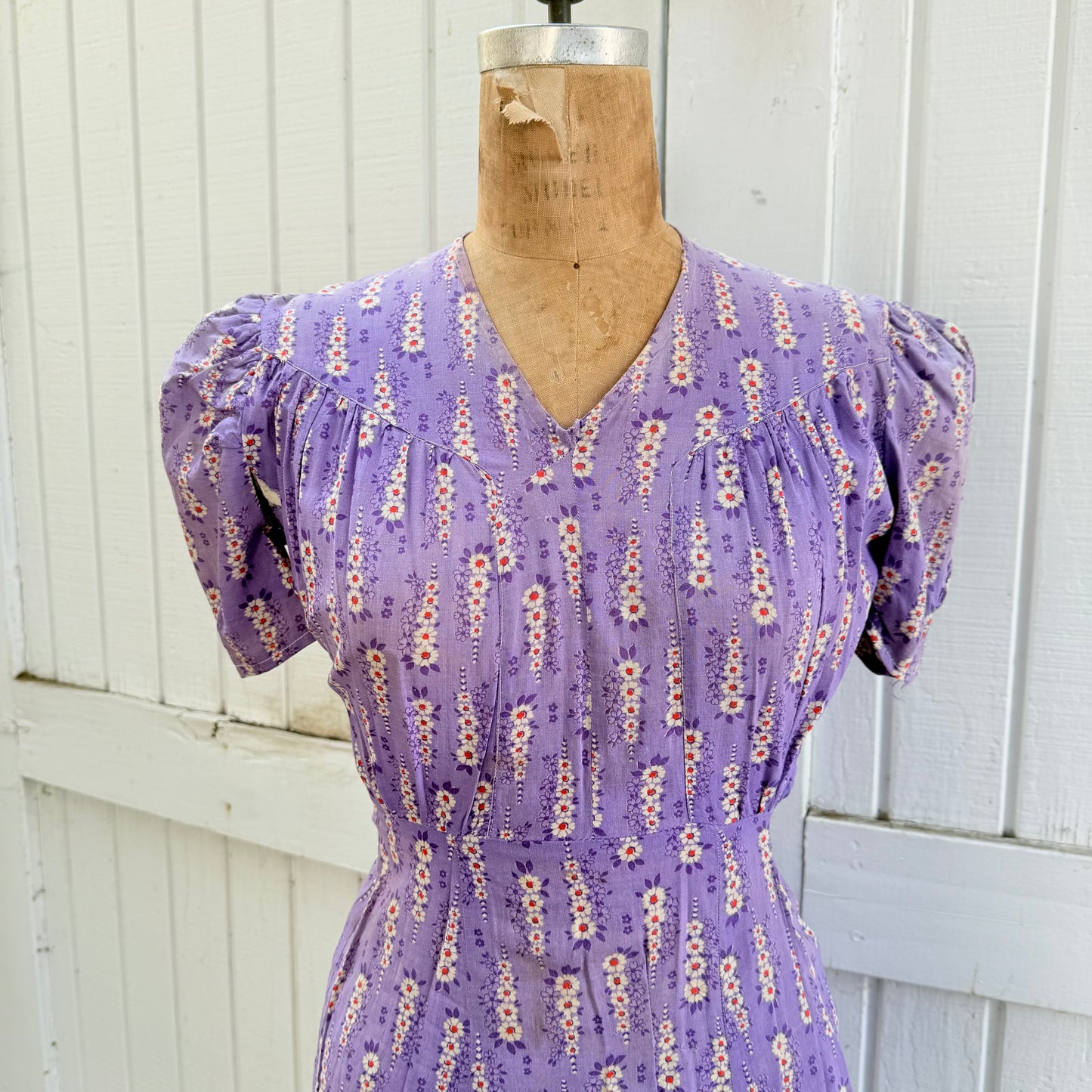 1940s Purple Printed Cotton Feedsack Dress with SunFading and Original Repairs