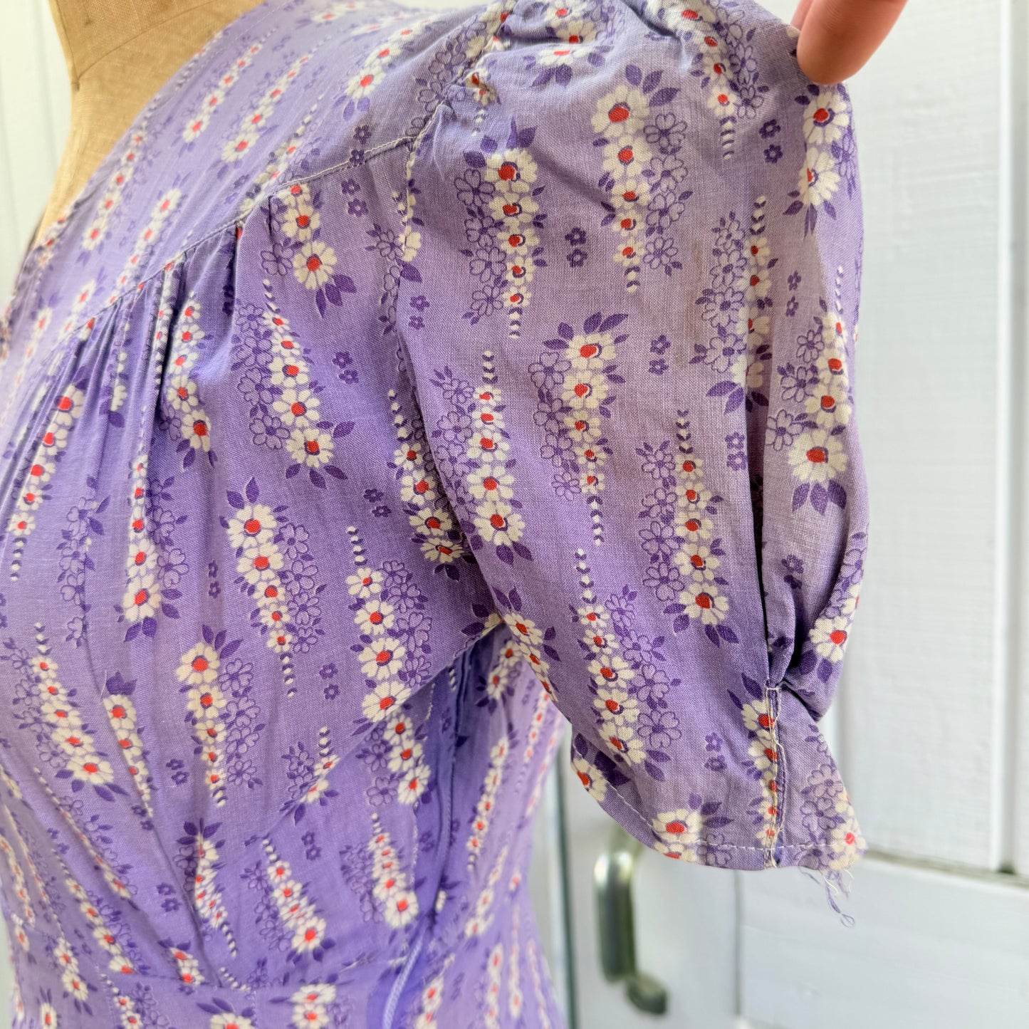 1940s Purple Printed Cotton Feedsack Dress with SunFading and Original Repairs