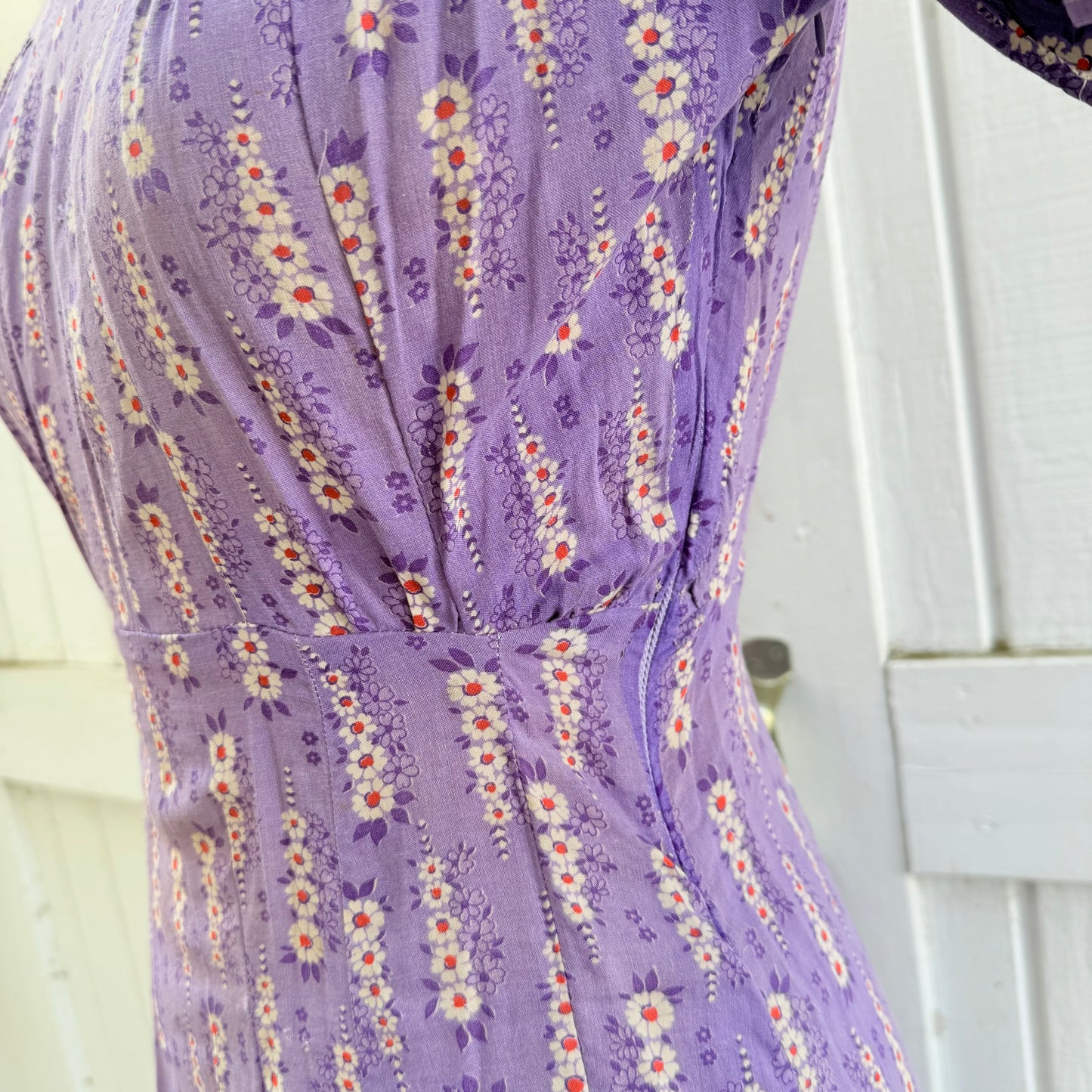 1940s Purple Printed Cotton Feedsack Dress with SunFading and Original Repairs