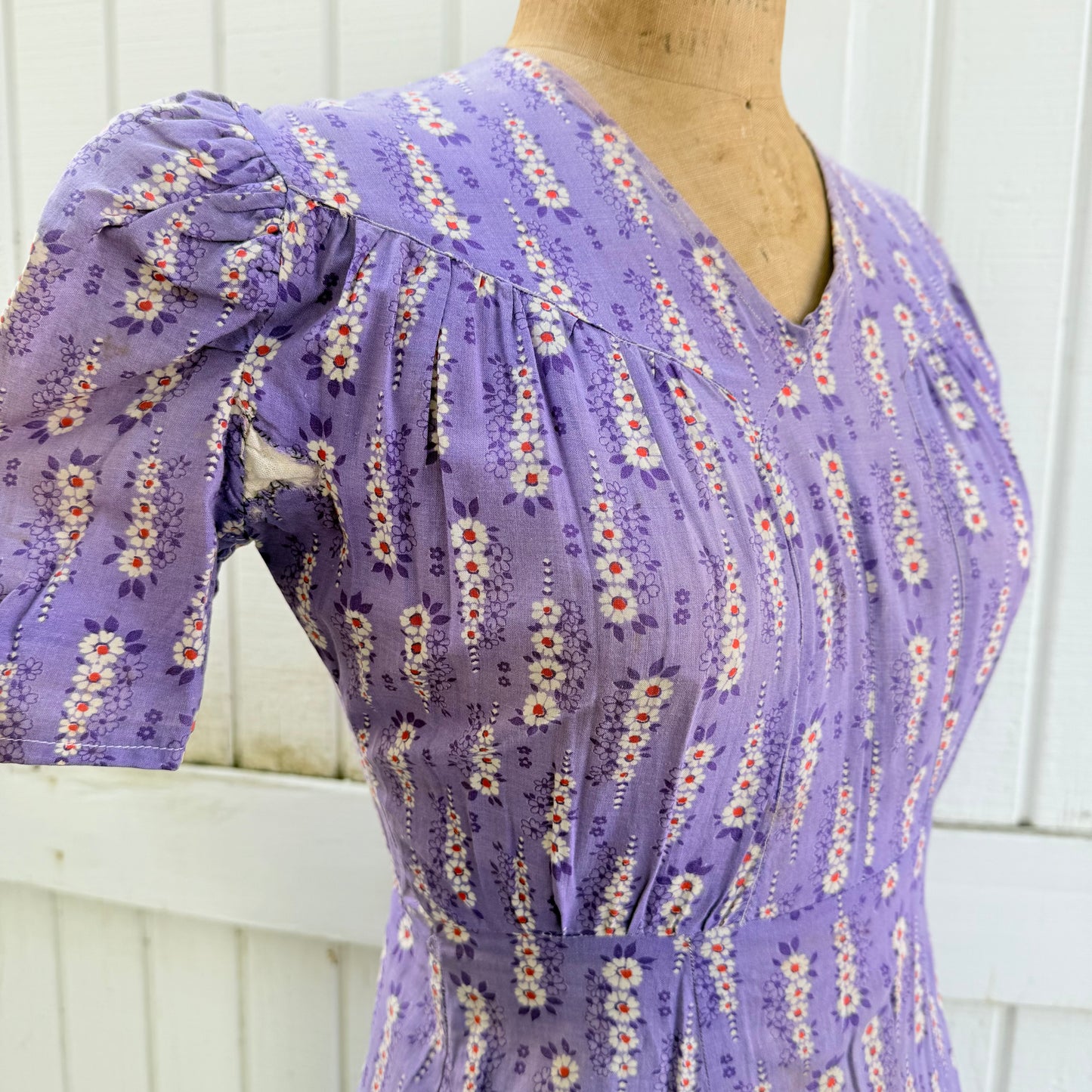1940s Purple Printed Cotton Feedsack Dress with SunFading and Original Repairs