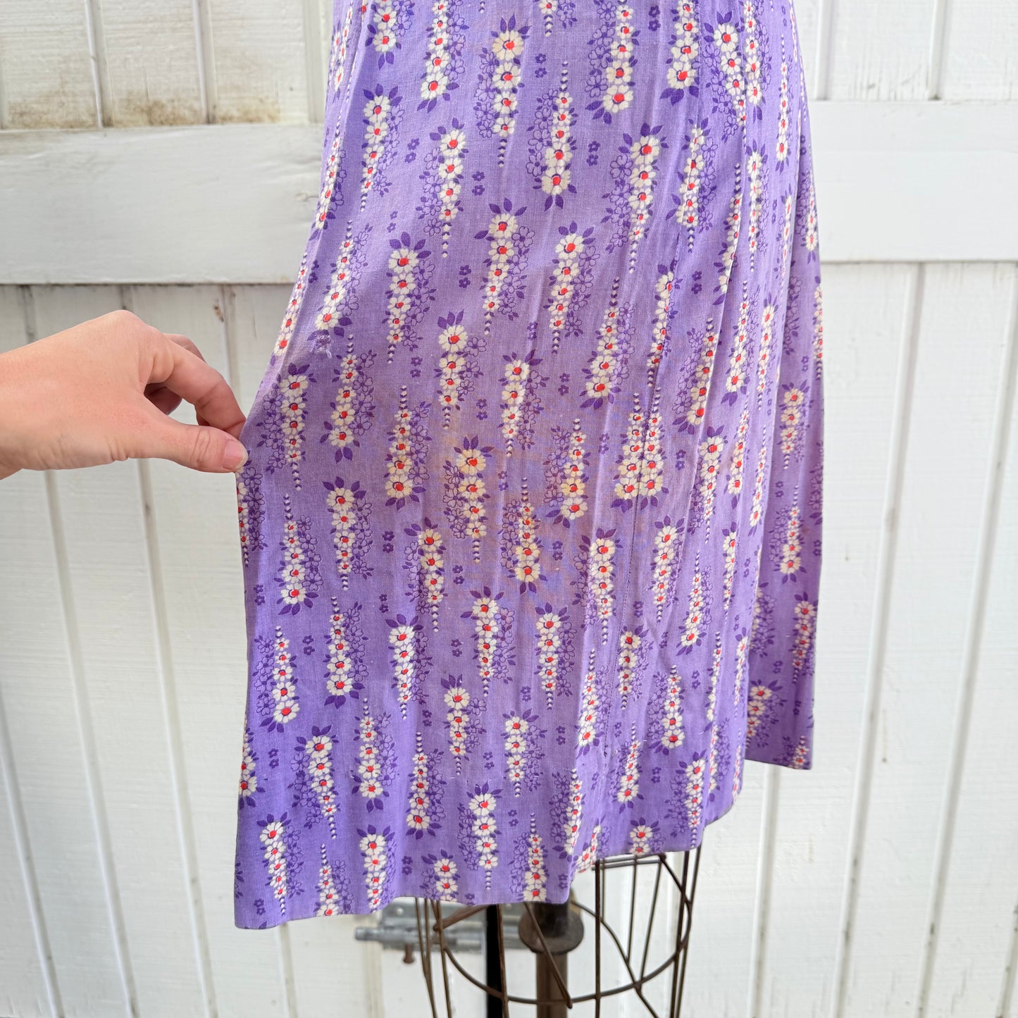 1940s Purple Printed Cotton Feedsack Dress with SunFading and Original Repairs