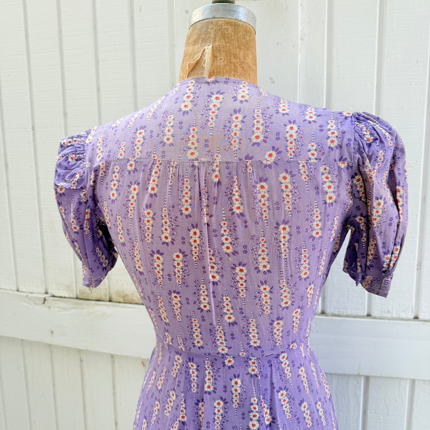 1940s Purple Printed Cotton Feedsack Dress with SunFading and Original Repairs