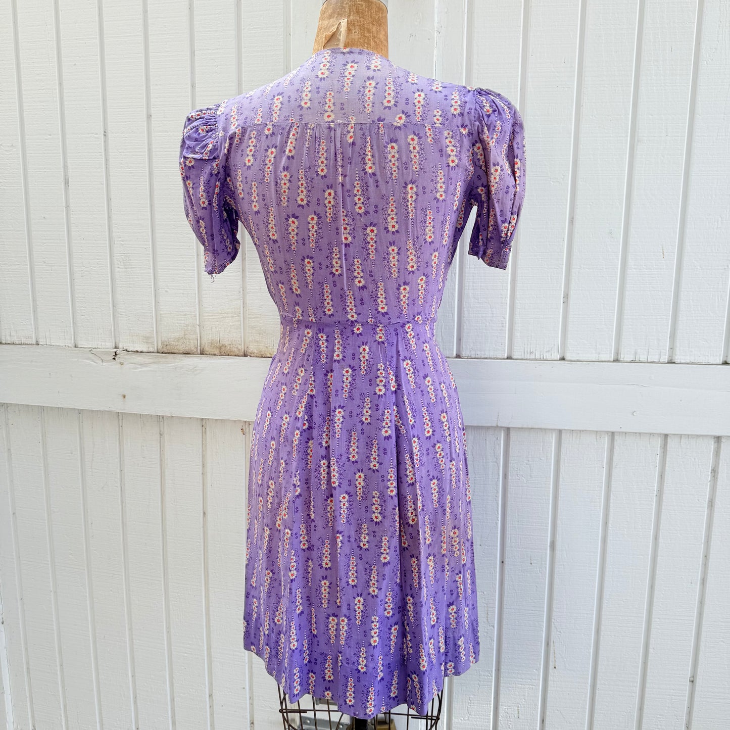 1940s Purple Printed Cotton Feedsack Dress with SunFading and Original Repairs