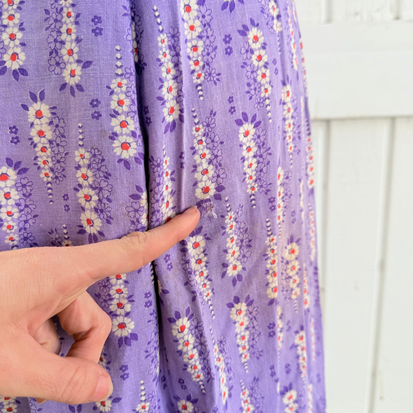 1940s Purple Printed Cotton Feedsack Dress with SunFading and Original Repairs