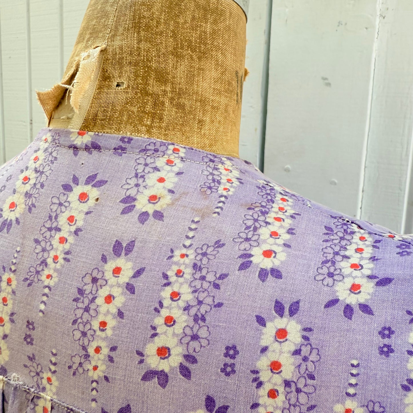 1940s Purple Printed Cotton Feedsack Dress with SunFading and Original Repairs