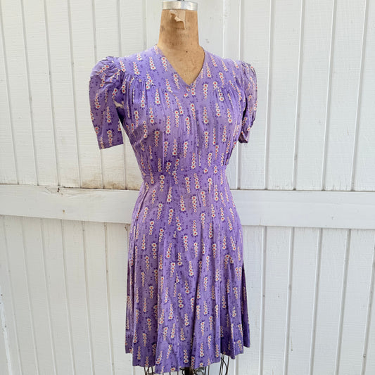 1940s Purple Printed Cotton Feedsack Dress with SunFading and Original Repairs