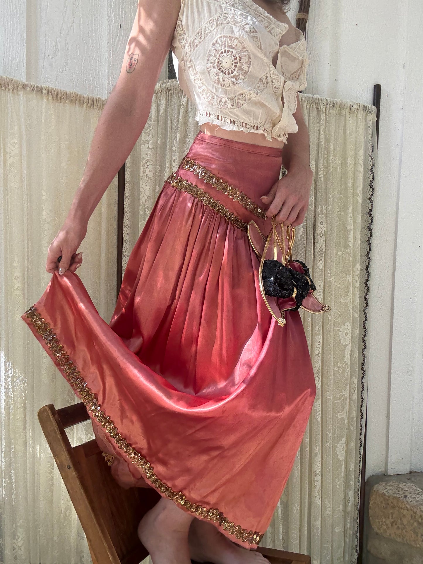 1960s Rose Satin I Dream of Jeannie Skirt and Shoes