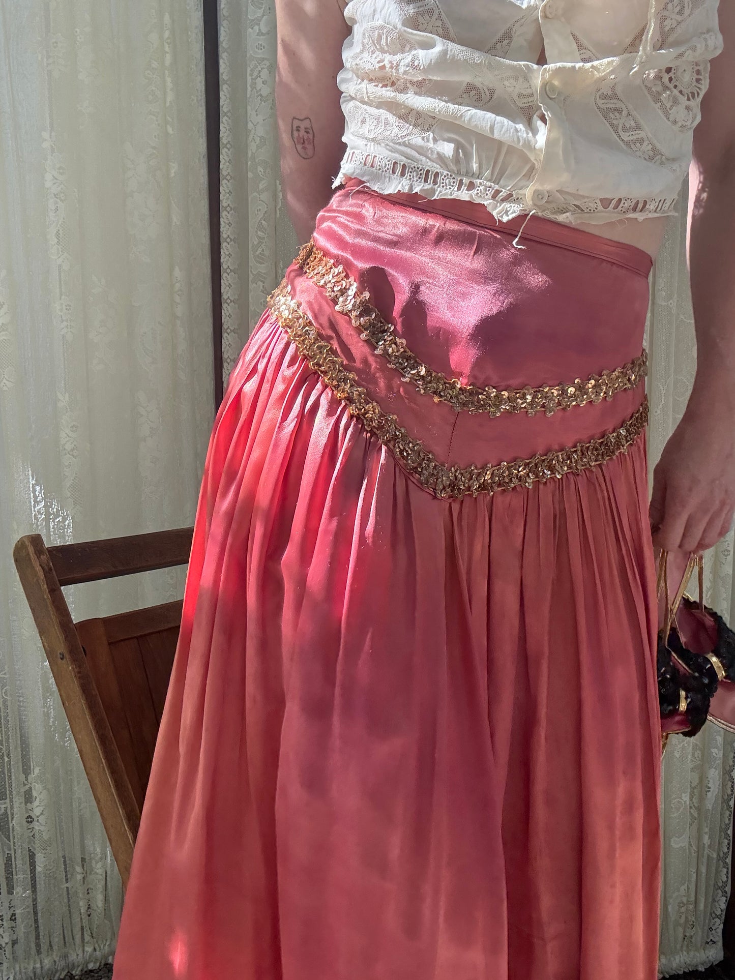 1960s Rose Satin I Dream of Jeannie Skirt and Shoes