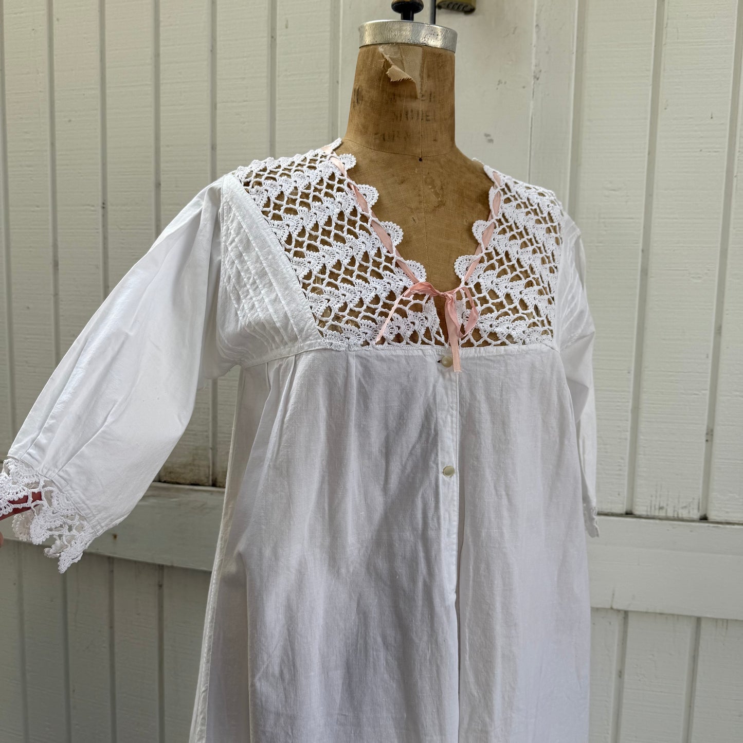 Victorian Cotton Night Dress with Crochet Yoke and Pink Ribbon Trim