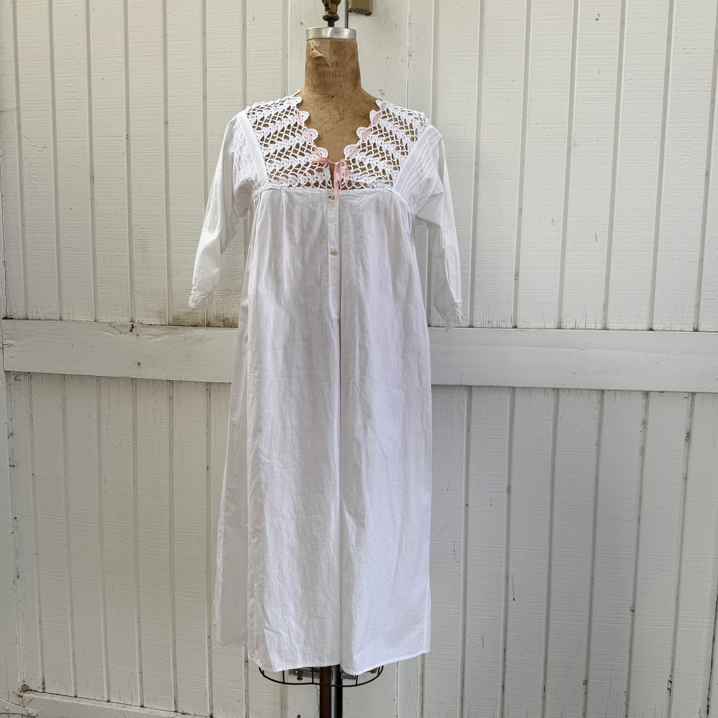 Victorian Cotton Night Dress with Crochet Yoke and Pink Ribbon Trim