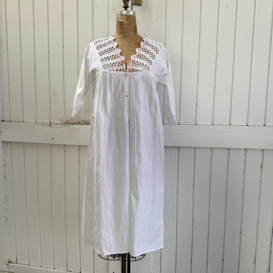 Victorian Cotton Night Dress with Crochet Yoke and Pink Ribbon Trim
