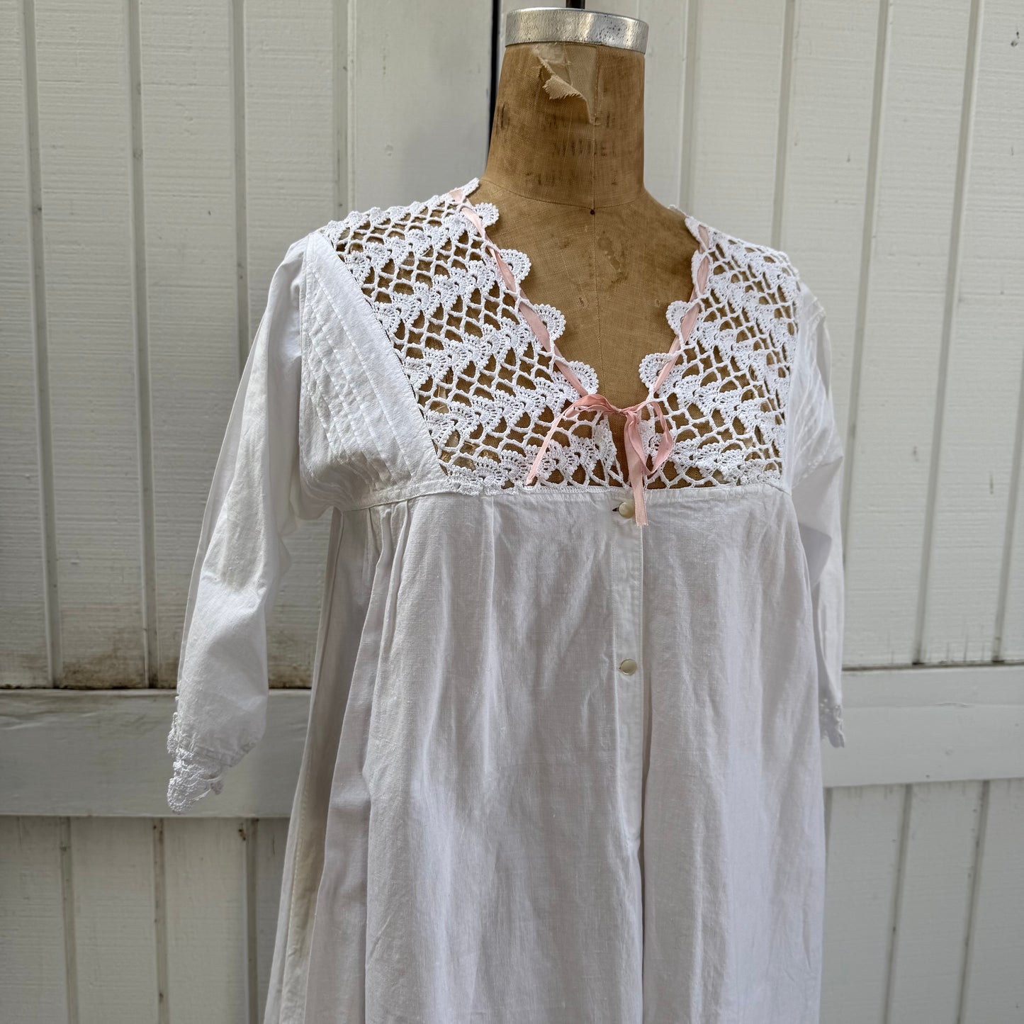 Victorian Cotton Night Dress with Crochet Yoke and Pink Ribbon Trim