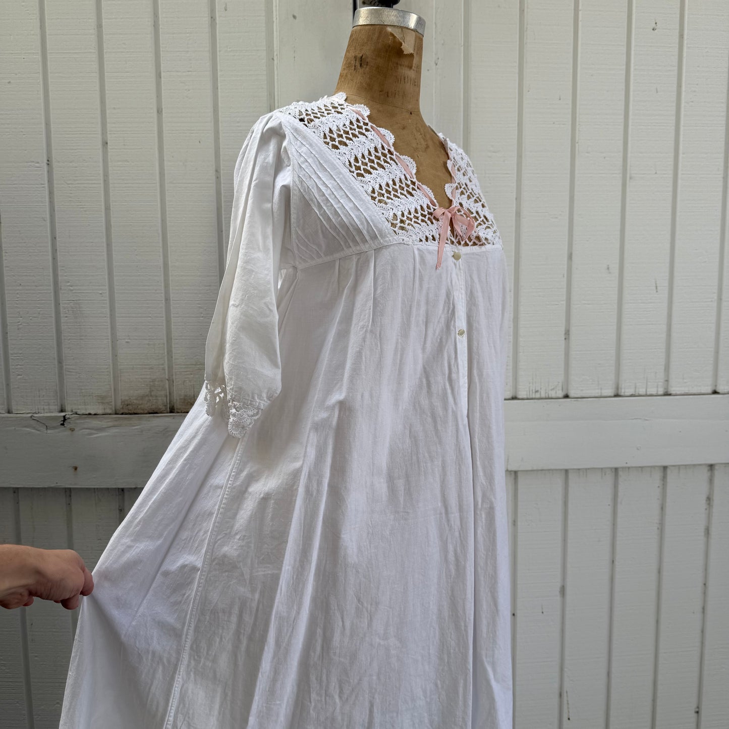 Victorian Cotton Night Dress with Crochet Yoke and Pink Ribbon Trim