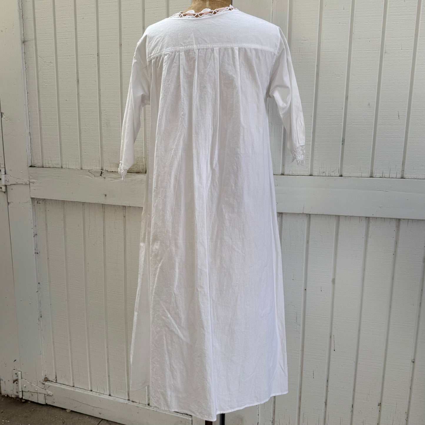 Victorian Cotton Night Dress with Crochet Yoke and Pink Ribbon Trim