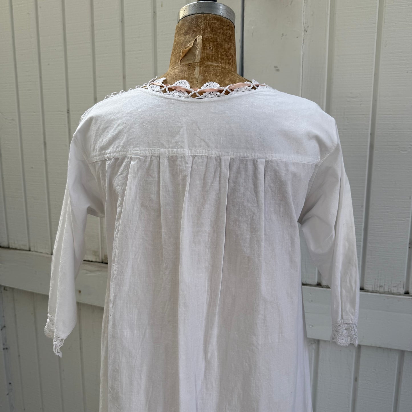 Victorian Cotton Night Dress with Crochet Yoke and Pink Ribbon Trim