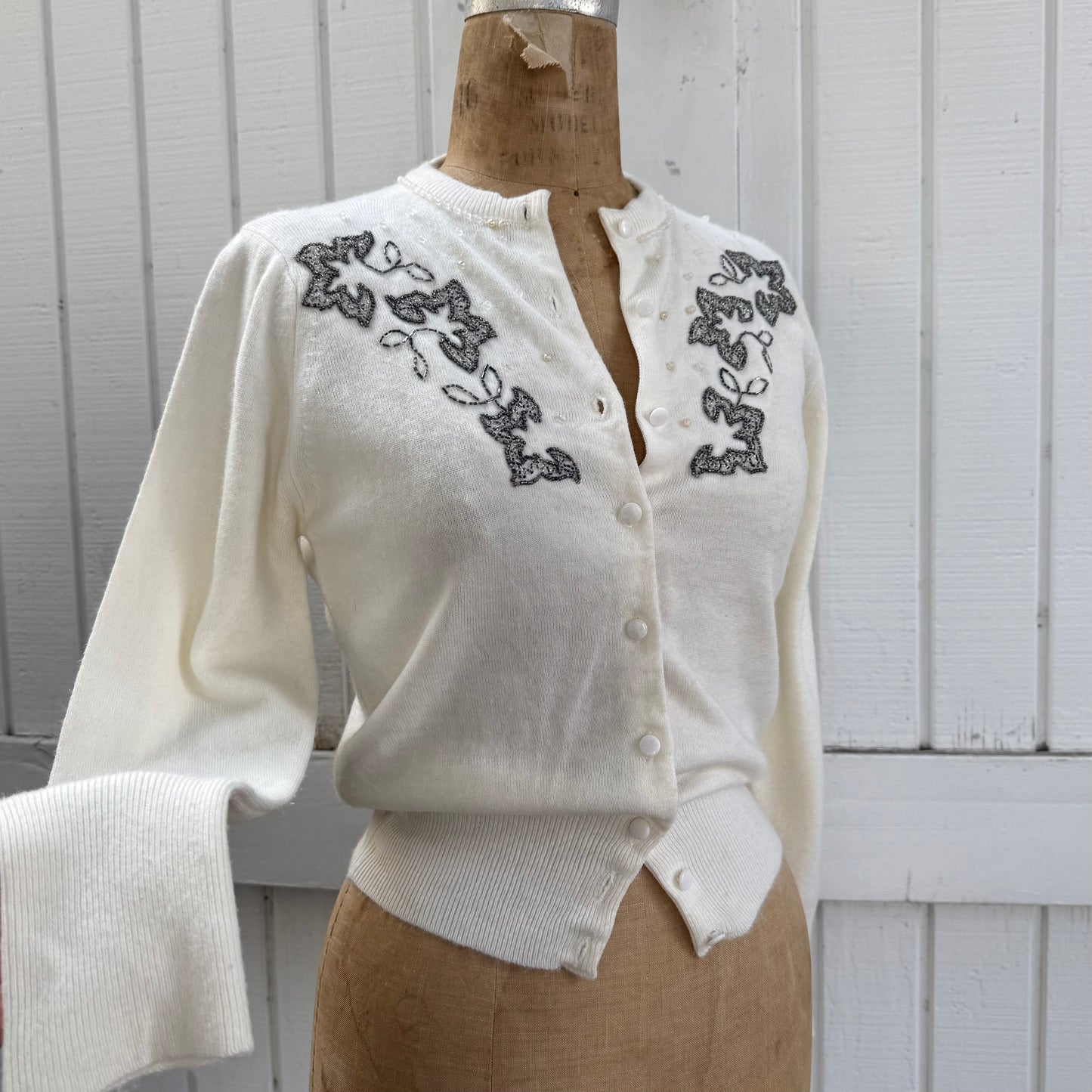 1950s Ellen Lee White Knit Embellished Beaded Cardigan