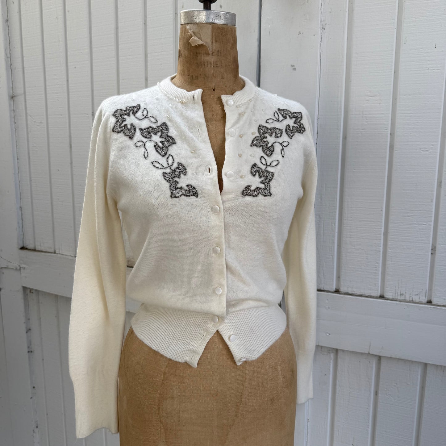 1950s Ellen Lee White Knit Embellished Beaded Cardigan