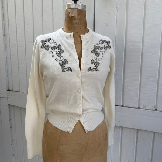 1950s Ellen Lee White Knit Embellished Beaded Cardigan