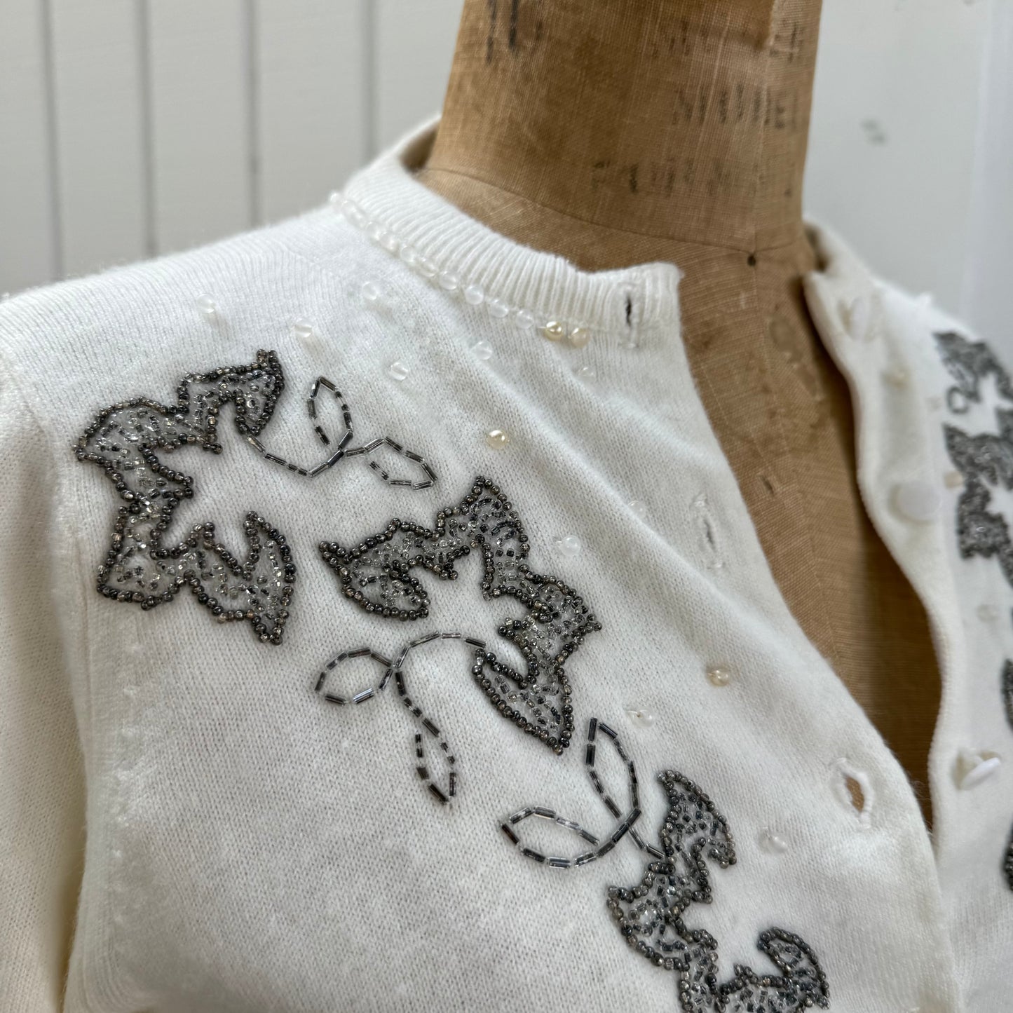 1950s Ellen Lee White Knit Embellished Beaded Cardigan