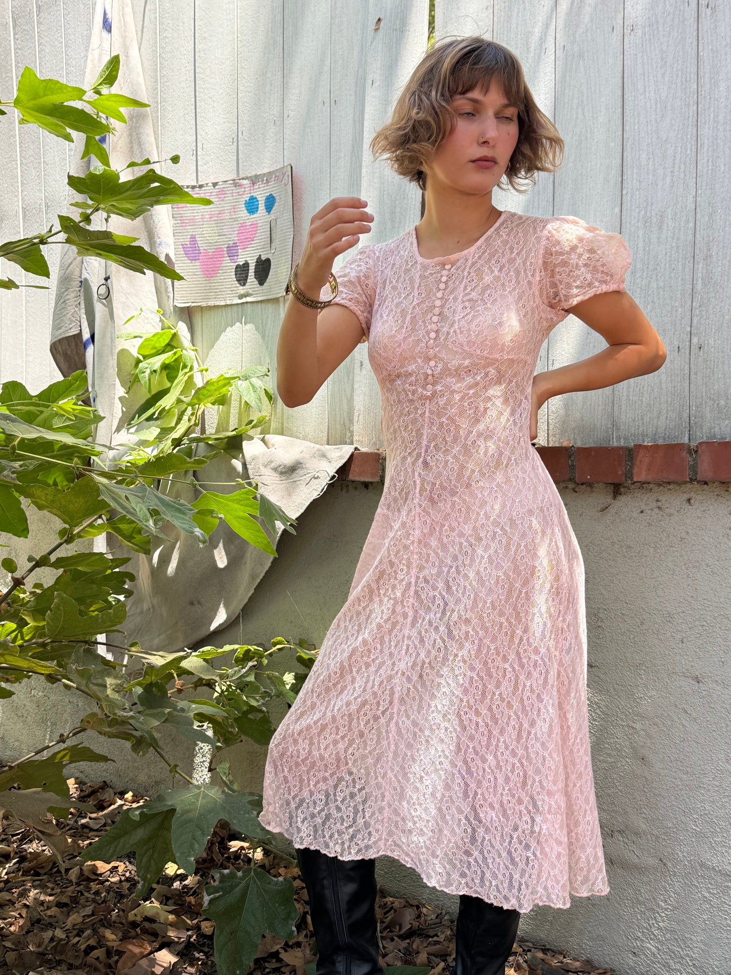 1930s Pink Full Lace Tea Dress