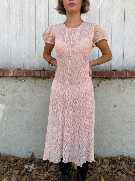 1930s Pink Full Lace Tea Dress