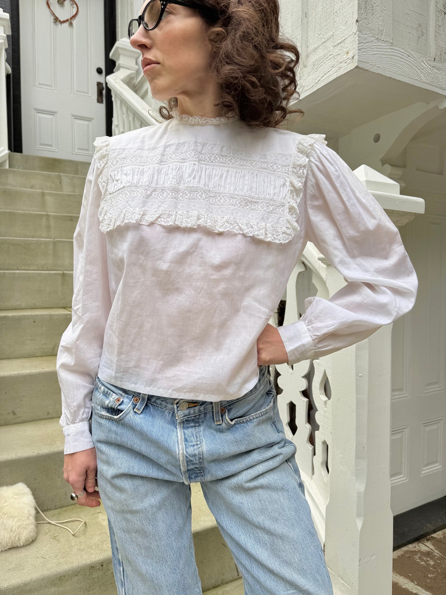 1980s Handmade Cottage Lace Sailor Collar Blouse