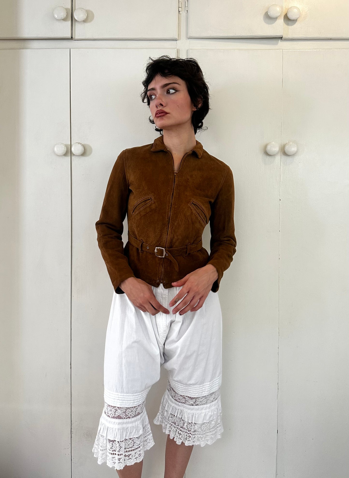 1930s Brown Suede Belted Cropped Jacket
